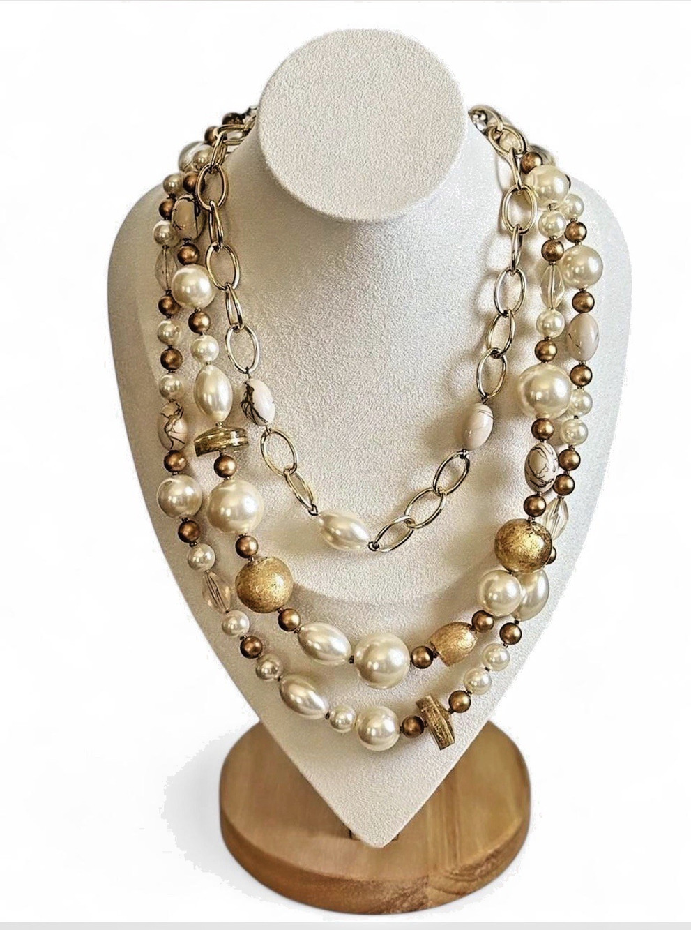 Gold Tone Baroque Faux Pearl Statement Necklace Layered Coastal Quiet Luxury